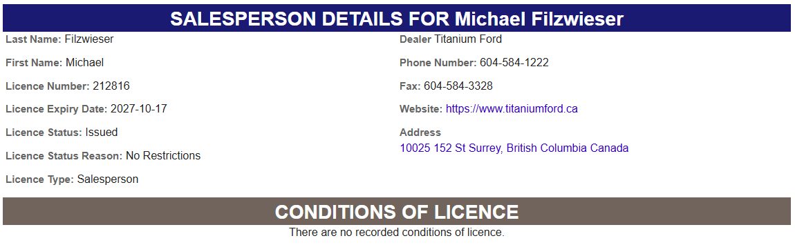 VSA public registry: Michael Filzwieser, licence 212816, Salesperson, Issued, No Restrictions, expires 2027-10-17, dealer Titanium Ford, 10025 152 St Surrey BC